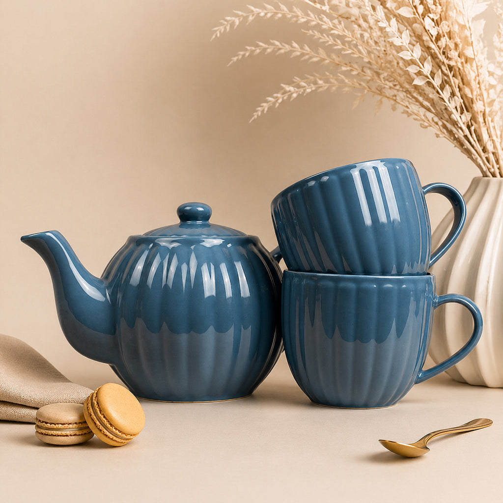 P&K Luxe Stoneware 3 Pc Blue Tea Set