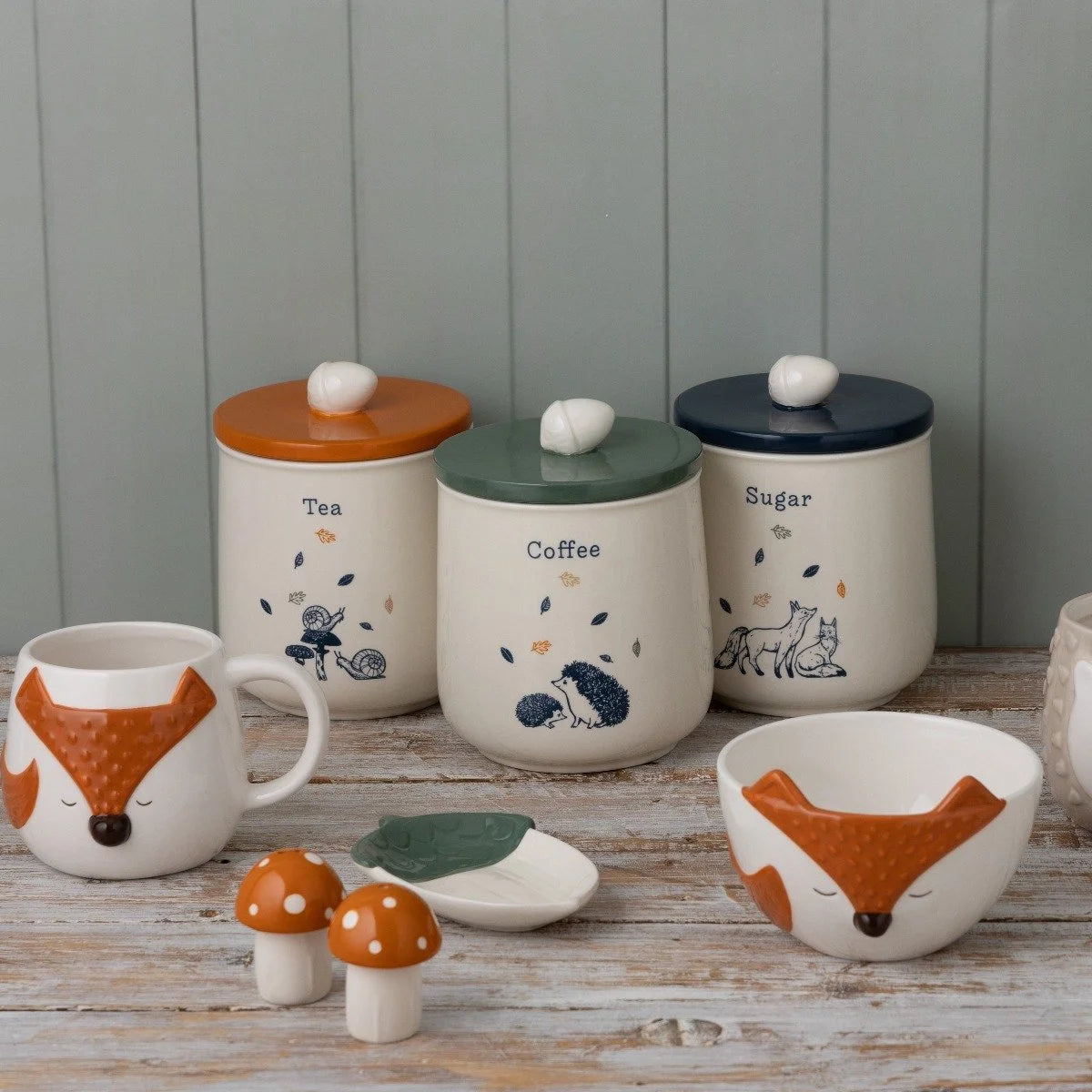Set of 3 Woodland Tea, Coffee, Sugar Stoneware Jars