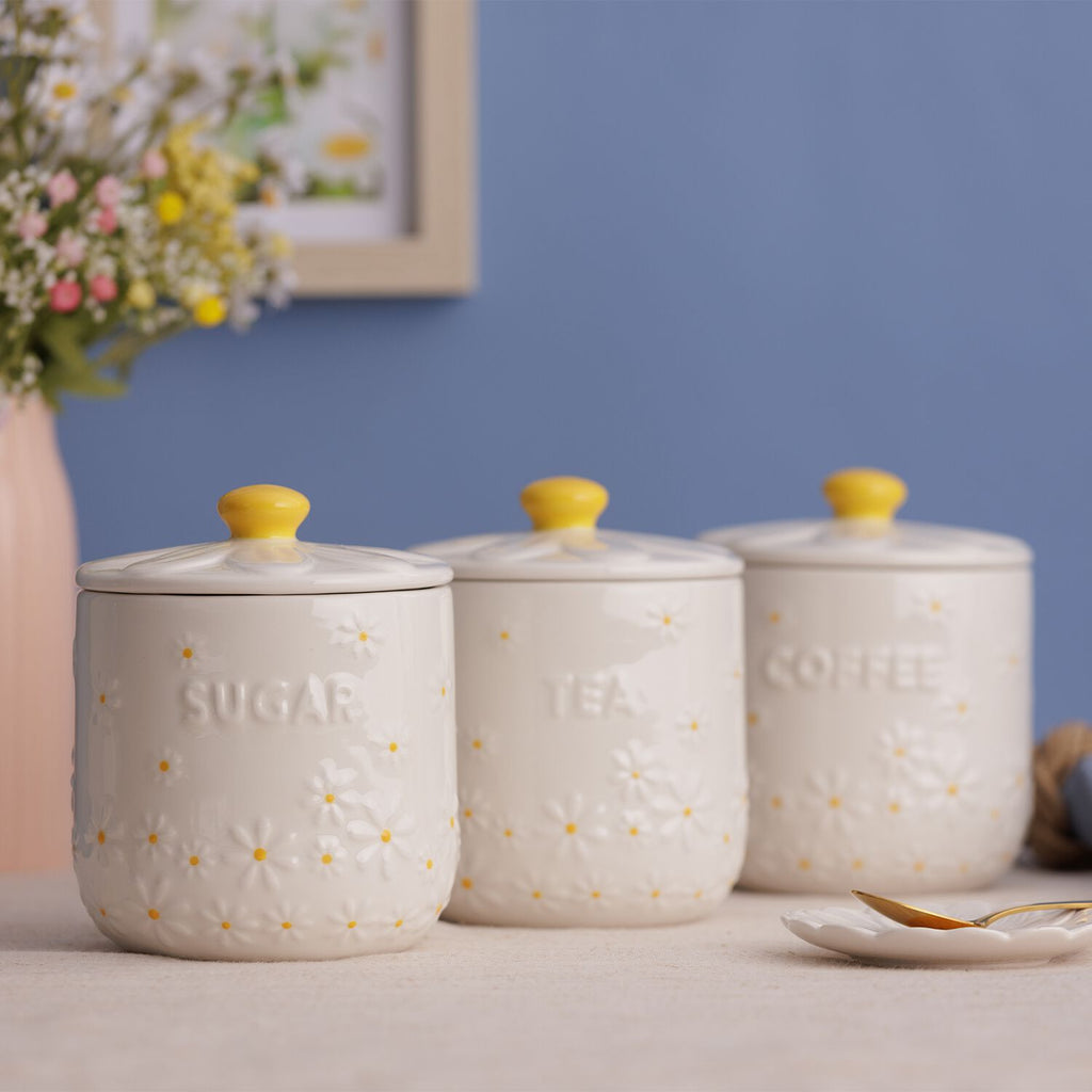 Daisy Tea, Coffee, Sugar Stoneware Canisters