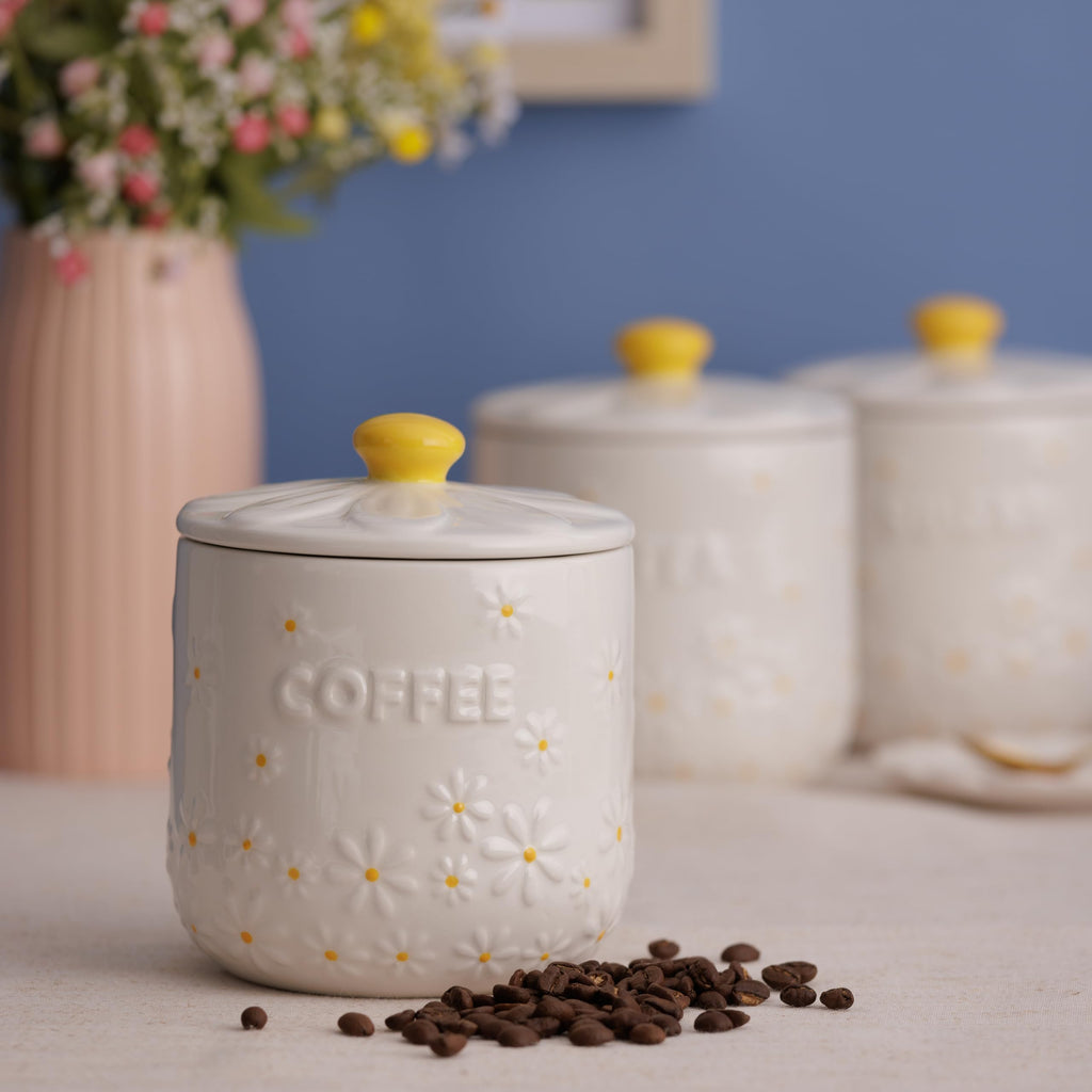 Daisy Tea, Coffee, Sugar Stoneware Canisters
