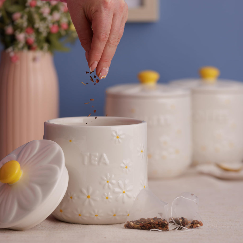 Daisy Tea, Coffee, Sugar Stoneware Canisters