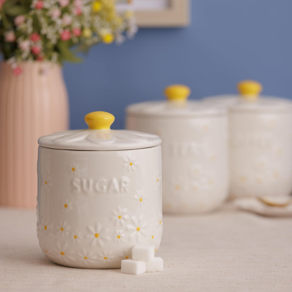 Daisy Tea, Coffee, Sugar Stoneware Canisters