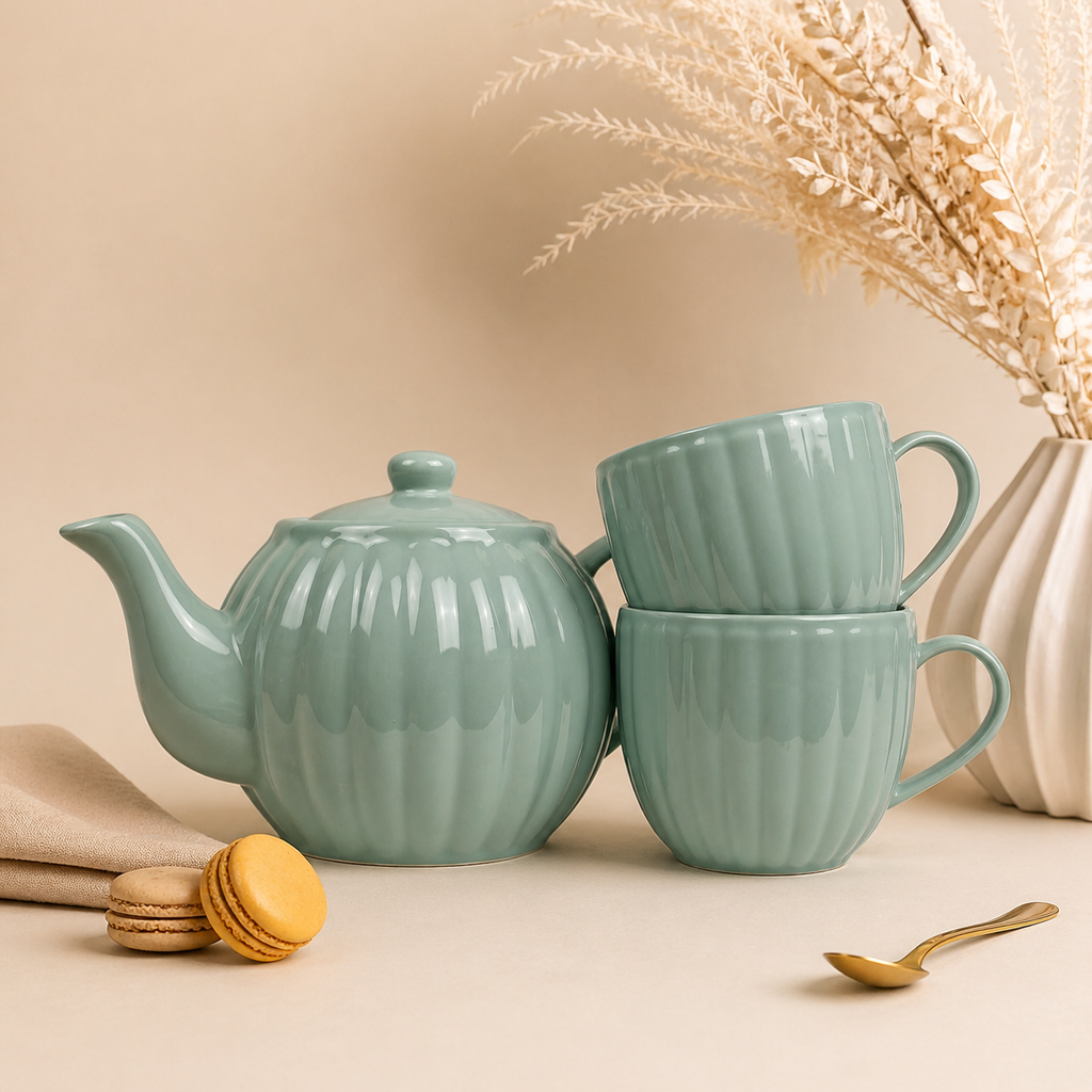 P&K Luxe Stoneware 3pc Sage Tea Set