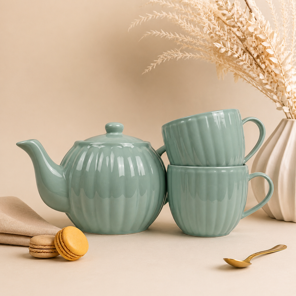 P&K Luxe Stoneware 3pc Sage Tea Set
