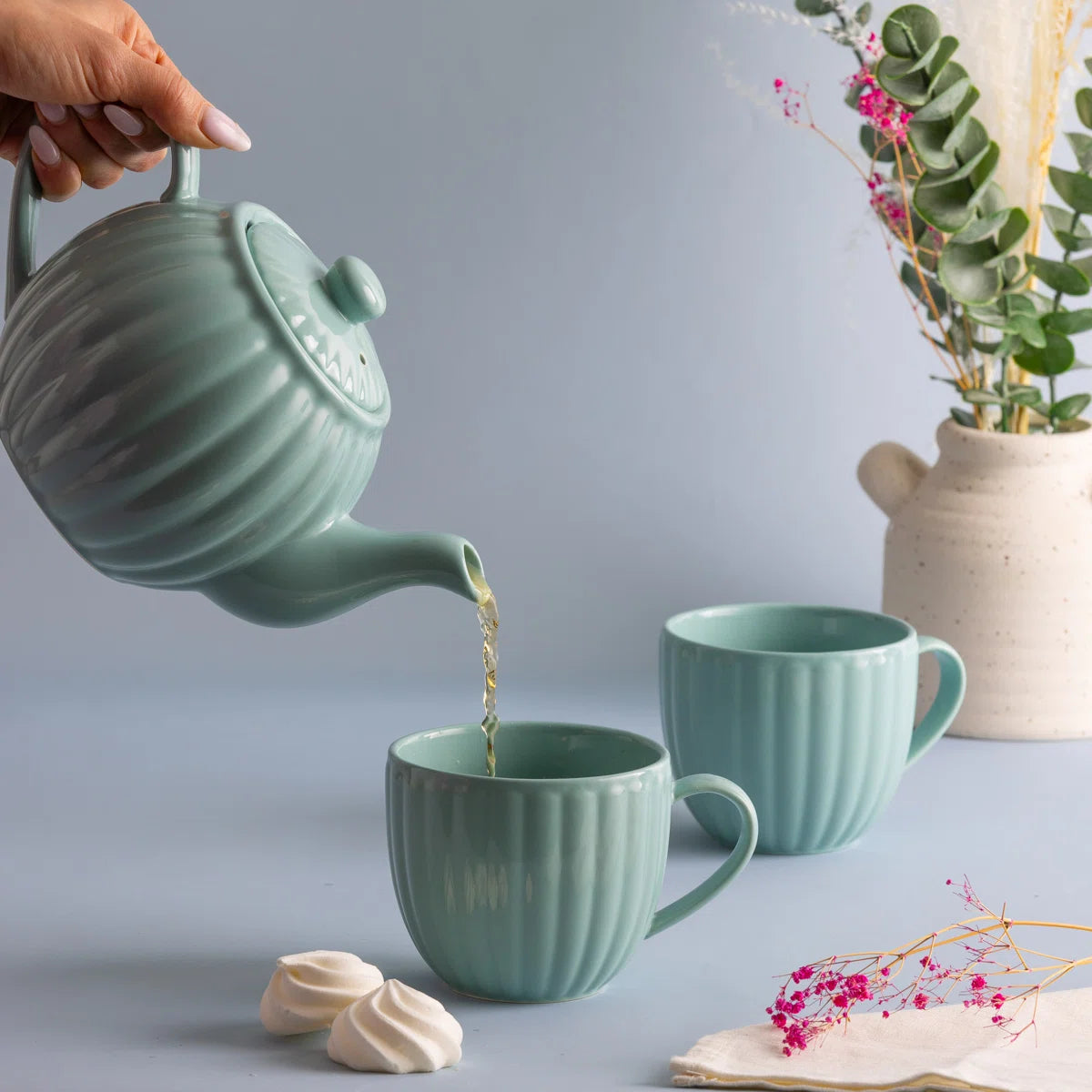 P&K Luxe Stoneware 3pc Sage Tea Set