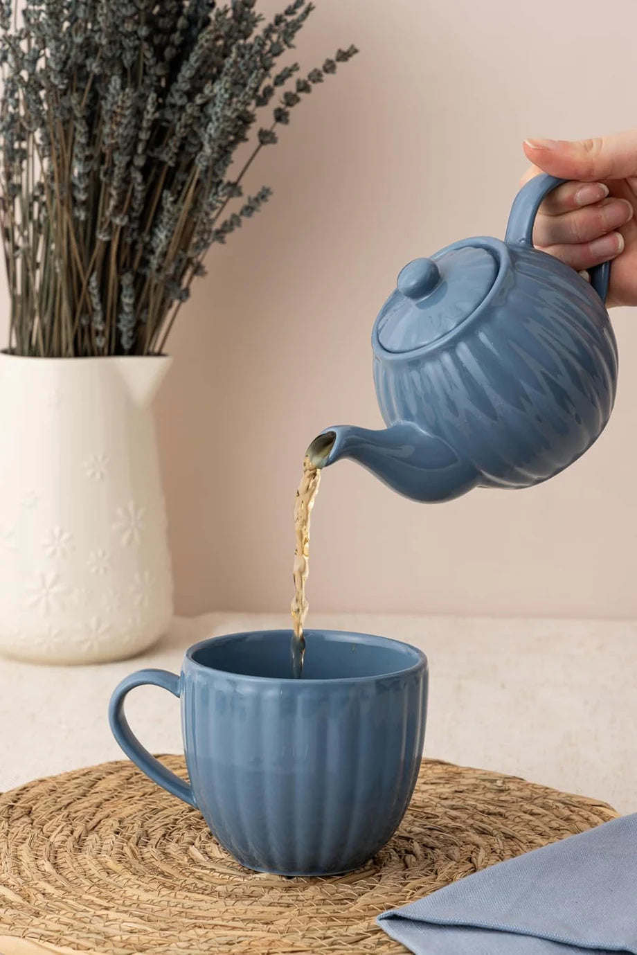 P&K Luxe Stoneware 3 Pc Blue Tea Set