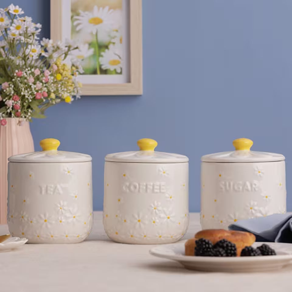 Daisy Tea, Coffee, Sugar Stoneware Canisters