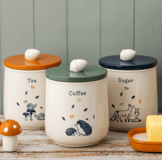 Set of 3 Woodland Tea, Coffee, Sugar Stoneware Jars